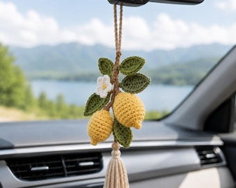 Lemon Botanical Car Charm Crochet Pattern PDF, Rearview Mirror Ornament, Citrus Blossom Hanging Decor