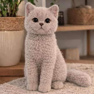 May include: A plush, light gray cat with large, dark eyes sits on a textured rug. The cat has a fluffy, soft appearance, with its ears perked up and tail extended. The background includes a plant in a pot and wooden shelves.