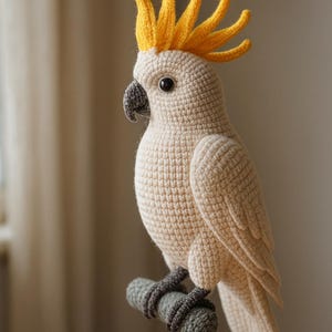 May include: A handmade crochet cockatoo bird in cream with a yellow crest, black beak, and dark grey feet, perched on a grey branch. The bird is detailed with textured stitches, showcasing a soft, plush appearance. A decorative item.