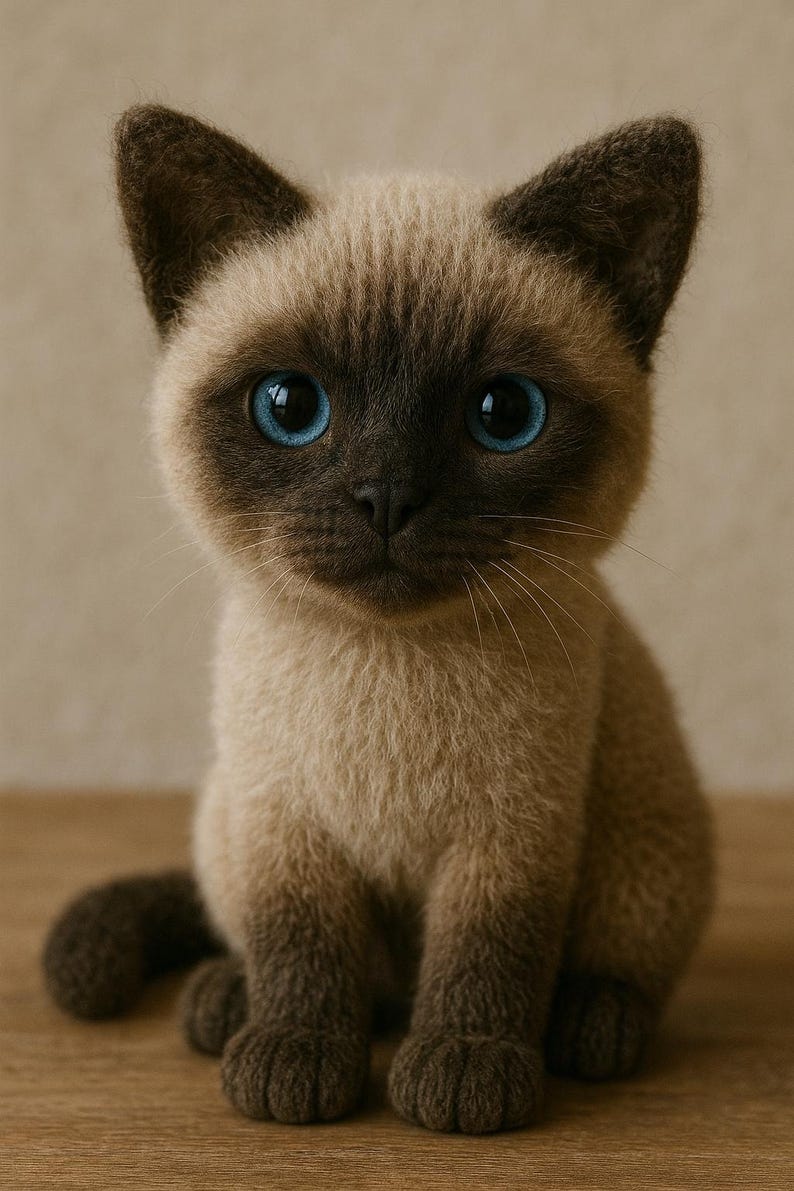 May include: A Siamese kitten with striking blue eyes and a light brown and dark brown coat. The kitten is sitting on a wooden surface, with its ears perked up and looking directly at the viewer. The overall theme is pets and animals.