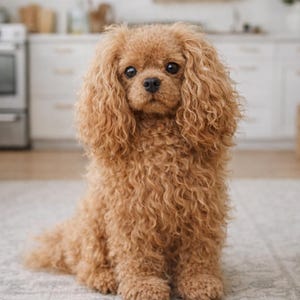 May include: A small, light brown dog with curly fur sits on a patterned rug. The dog has dark eyes and a fluffy coat. The background shows a kitchen with white cabinets and an oven.