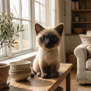 May include: A Siamese cat with blue eyes sits on a wooden table. The cat has a light brown body with darker brown points on its face, ears, and paws. A small potted olive tree and a stack of ceramic bowls are also on the table. The background includes a window and a sofa.