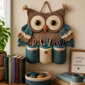 May include: A brown, cream, and teal crocheted owl wall organizer featuring two large black eyes, a small beak, and three deep pockets. The owl has tufted ears and layered wing details. The pockets contain scissors, pens, and a small owl figurine.