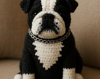 Crochet English Bulldog Pattern – Black & White Amigurumi Dog (PDF Pattern)
