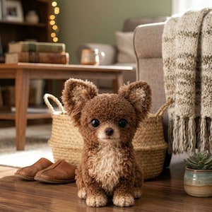 Può includere: Un peluche artigianale a forma di cane chihuahua marrone con grandi occhi espressivi. Il peluche ha una consistenza riccia ed è seduto su un pavimento in legno. Lo sfondo include un cestino intrecciato, una coperta e una piccola pianta succulenta.