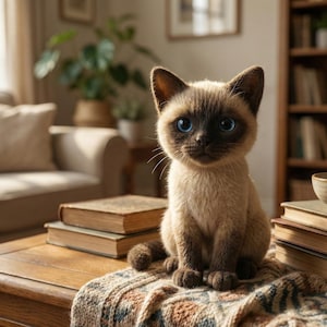 May include: A Siamese cat with striking blue eyes sits on a patterned blanket atop a wooden table. The cat has a light brown body with darker brown points. Books and a bowl are nearby, suggesting a cozy indoor setting.