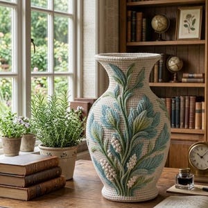 May include: A large, cream-colored vase with a detailed floral design in shades of blue and green. The vase is placed on a wooden desk, with books and potted plants nearby. A bookshelf and window are in the background.