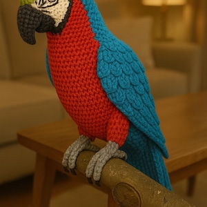 May include: A handmade crochet parrot with a vibrant color scheme. The bird features a red chest, blue wings, and a green and blue head. It is perched on a wooden branch, showcasing its detailed craftsmanship. The parrot's beak is black, and its feet are gray.