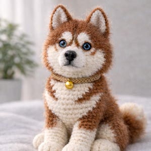 Può includere: Un cane husky all'uncinetto fatto a mano con pelo marrone e bianco, occhi blu e un collare dorato. Il peluche è seduto su una superficie morbida e chiara. Il cane ha una coda soffice e orecchie a punta.