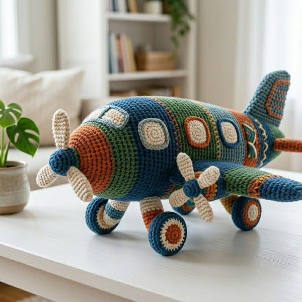 Virkmönster för vintageflygplan i PDF-format, Amigurumi-flygplansleksak, handgjord barnkammardekor för flygplan, present till propellerflygplan