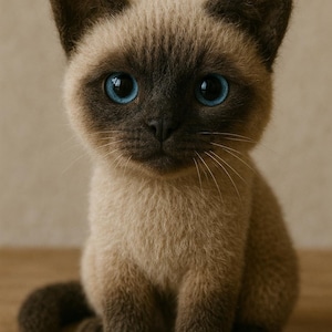 May include: A Siamese kitten with striking blue eyes and a brown and cream coat. The kitten is sitting upright, showcasing its distinctive dark brown ears, paws, and face markings. The image is a close-up, highlighting the kitten's soft fur.