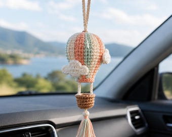 Crochet Pattern, Hot Air Balloon Car Mirror Ornament, Amigurumi Hanging Charm, Pastel Cloud Basket PDF