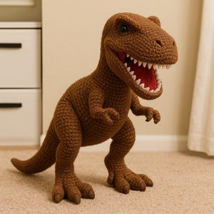 Può includere: Un giocattolo di dinosauro Tyrannosaurus Rex marrone all'uncinetto con una bocca spalancata che rivela un interno rosso e denti bianchi. Il dinosauro ha braccia piccole, piedi grandi e una lunga coda. Il giocattolo è appoggiato su un tappeto beige.