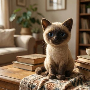 May include: A Siamese cat with striking blue eyes sits on a patterned blanket atop a wooden table. The cat has a light brown body with darker brown points. Books and a bowl are nearby, suggesting a cozy indoor setting.