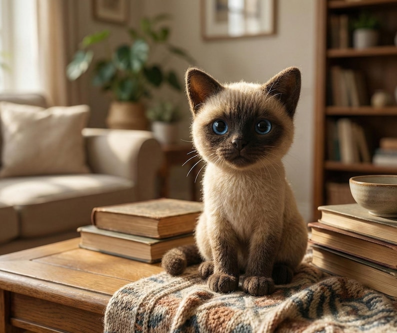 May include: A Siamese cat with striking blue eyes sits on a patterned blanket atop a wooden table. The cat has a light brown body with darker brown points. Books and a bowl are nearby, suggesting a cozy indoor setting.
