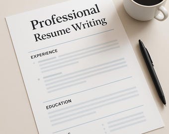 May include: A resume titled "Professional Resume Writing" with sections for experience, education, and skills. A black pen and a white mug filled with coffee are next to the resume on a light-colored surface.