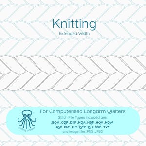 Puede incluir: Un diseño digital para acolchado, con la palabra "Knitting" y "Extended Width" en color turquesa. La imagen presenta un patrón de cuerda repetido. El texto en la parte inferior enumera los tipos de archivos para acolchadoras de brazo largo computarizadas.