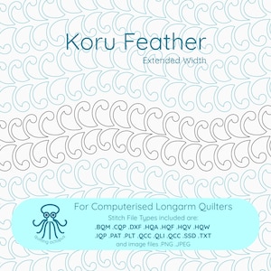 May include: A digital quilting design titled "Koru Feather" with an extended width. The design features a repeating pattern of stylized feather shapes in light blue and black on a white background. Text at the bottom indicates file types for computerized longarm quilters.