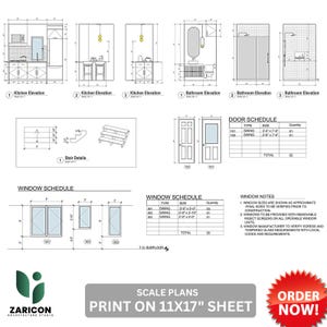 K&ouml;nnte beinhalten: Architekturpl&auml;ne mit K&uuml;chen-, Badezimmer- und Treppendetails. Enth&auml;lt Fenster- und T&uuml;renpl&auml;ne mit Abmessungen in Fu&szlig; und Zoll. Der Text "Scale Plans Print on 11x17" Sheet" ist sichtbar.
