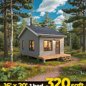 Puede incluir: Plano de una pequeña cabaña gris con un tejado gris oscuro, rodeada de árboles. La cabaña tiene un pequeño porche y una puerta. El texto en la parte inferior dice: 16' x 20' 1 cama 320 pies cuadrados Plano de casa de cabaña.