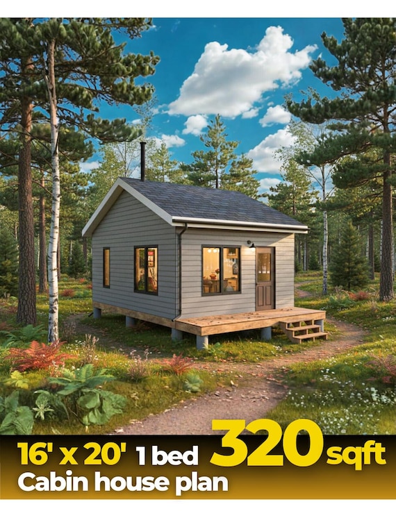 16'x20' Cabin house Plan| 320 Sqft Tiny Cabin| 1 Bed, Front Deck| DIY (PDF Download)