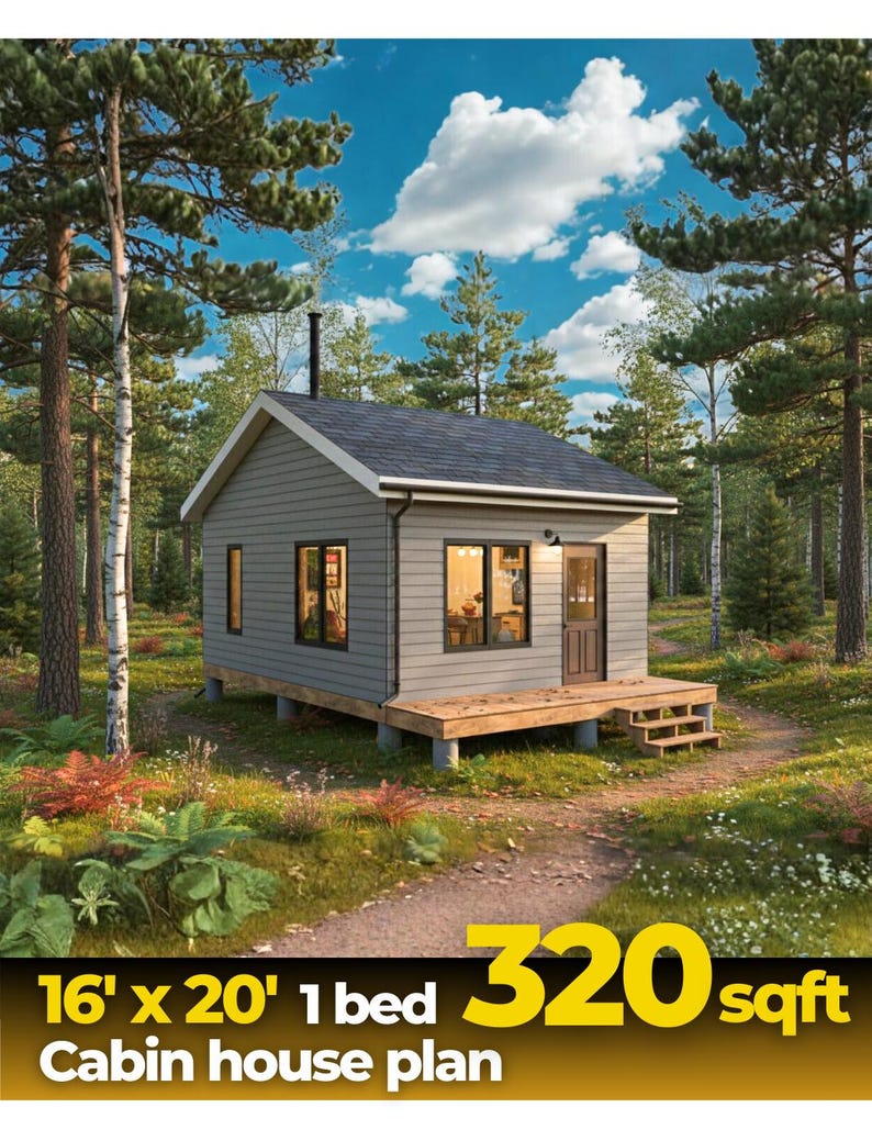 K&ouml;nnte beinhalten: Ein kleiner grauer H&uuml;ttenhausplan mit einem dunkelgrauen Dach, umgeben von B&auml;umen. Die H&uuml;tte hat eine kleine Veranda und eine T&uuml;r. Der Text unten lautet: 16' x 20' 1 Bett 320 qm H&uuml;ttenhausplan.