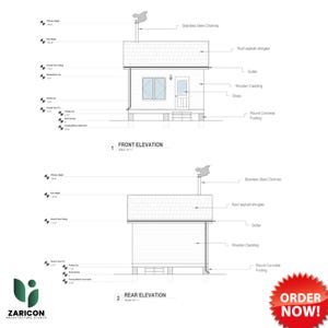 K&ouml;nnte beinhalten: Architekturzeichnungen eines kleinen Hauses, die Vorder- und R&uuml;ckansichten zeigen. Die Zeichnungen enthalten Beschriftungen f&uuml;r Schornstein, Dach, Verkleidung und Fundament. Der Text "ORDER NOW!" befindet sich in einem roten Stern.