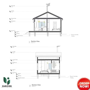 K&ouml;nnte beinhalten: Architektonische Schnittansichten eines Hauses, die Innenlayouts und Abmessungen zeigen. Die Zeichnungen enthalten Beschriftungen f&uuml;r Schornsteinh&ouml;he, Dachh&ouml;he und Erdgeschossebenen. Das Bild zeigt ein Logo f&uuml;r Zaricon Architecture Studio und eine rote "ORDER NOW!" Grafik.