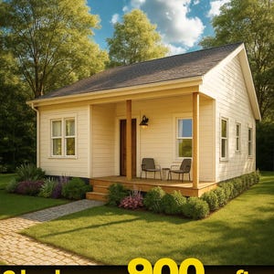 Könnte beinhalten: Ein einstöckiger Hüttenhausplan mit heller horizontaler Fassadenverkleidung, einem dunklen Schindeldach und einer Veranda mit zwei Stühlen. Der Text unten lautet 2 bedroom 900 sqft Cabin house plan vor einem grünen Rasen.