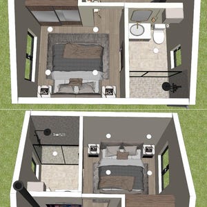 K&ouml;nnte beinhalten: Draufsicht auf einen zweist&ouml;ckigen Hausplan. Der Entwurf umfasst ein Wohnzimmer mit grauem Sofa, eine K&uuml;che, ein Schlafzimmer mit Bett und ein Badezimmer. Das Haus hat eine moderne, minimalistische &Auml;sthetik mit neutralen Farben.
