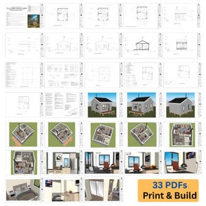 K&ouml;nnte beinhalten: Eine Sammlung von Architekturpl&auml;nen und Renderings f&uuml;r eine klassische amerikanische H&uuml;tte. Das Bild enth&auml;lt detaillierte Blaupausen, 3D-Modelle und Innenraumvisualisierungen. Der Text auf dem Bild lautet "33 PDFs Print & Build".