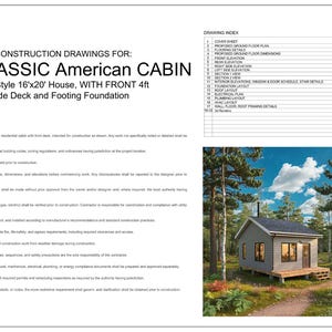 K&ouml;nnte beinhalten: Konstruktionszeichnungen f&uuml;r eine Classic American Cabin, ein Haus im Sattelstil von 16'x20' mit einem 4 Fu&szlig; breiten Deck. Die Zeichnung enth&auml;lt ein Deckblatt, einen Grundriss und Ansichten. Das Bild zeigt auch eine Darstellung der H&uuml;tte.