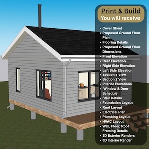 K&ouml;nnte beinhalten: Eine 3D-Darstellung eines kleinen Hauses mit grauer Verkleidung, einem schwarzen Dach und einer Holzterrasse. Das Bild enth&auml;lt eine Liste von Architekturpl&auml;nen, einschlie&szlig;lich Grundrissen, Ansichten und Innenraumrenderings. Der Text lautet "Print & Build You will receive".