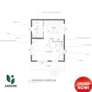 K&ouml;nnte beinhalten: Detaillierter architektonischer Grundriss eines kleinen Hauses, beschriftet mit Raumnamen und Abmessungen. Enth&auml;lt ein Schlafzimmer, ein Badezimmer, eine K&uuml;che, einen Wohnbereich und einen Schrank. Der Plan tr&auml;gt die Bezeichnung "Vorgeschlagener Grundriss" und enth&auml;lt den Text "Jetzt bestellen!"