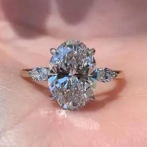 3.5 Carat Three Stone Oval Moissanite Engagement Ring Marquise Side Stone Ring Yellow Gold Vintage Inspired Ring Unique Promise Ring for Her