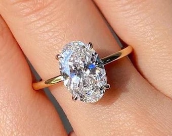 Anello di fidanzamento con moissanite taglio ovale da 3 carati / Anello in oro giallo 14 carati / Anello con alone nascosto / Anello con diamante ovale / Anello da sposa / Regalo per lei