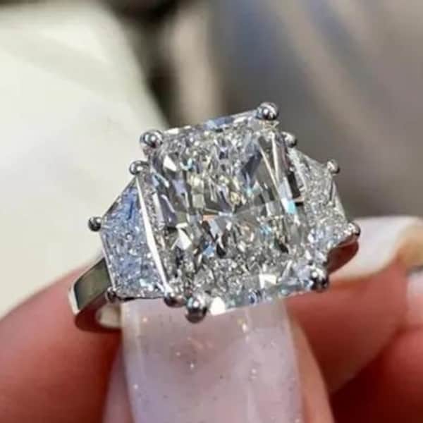 Radiant Cut Moissanite Ring, Three Stone Engagement Ring, White Gold Trilogy Ring, Wedding & Anniversary Gift, Handmade Luxury Ring