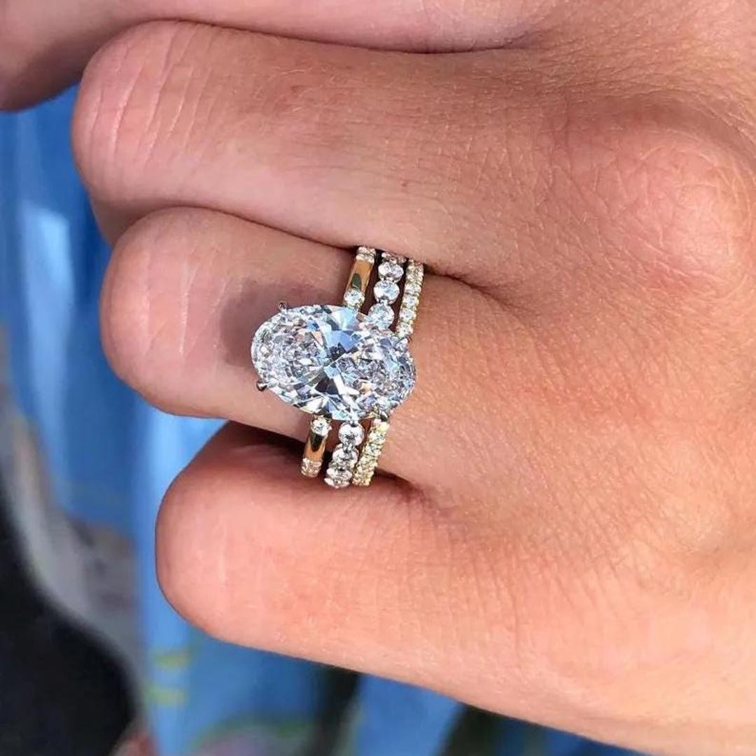 Oval Cut Moissanite Ring Set, 14K Yellow Gold Hidden Halo Bridal Set ...