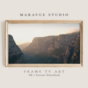 Frame TV Art Vikos Gorge Oil Painting, Misty Mountain canyon, Fine Art Canvas Style, Samsung Frame TV, Rustic Landscape Decor | TV33