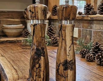 Custom 8"  Salt and Pepper Grinder Set with Fractal Wood Burning (Lichtenberg) and Laser Engraving of YOUR choice!