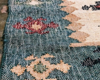 Handwoven Kilim Rug | Teal Blue Crimson Medallion Flatweave Area Rug