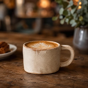 May include: A beige ceramic mug with a textured, speckled finish containing a latte with a white leaf-shaped foam design. The mug has a thick, rounded handle and a straight-sided cylindrical body, showcasing a rustic, earthy appearance.