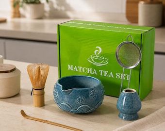 Matcha Set, Ceramic Matcha Bowl with Spout, Japanese Matcha Tea Set, Bamboo Whisk & Scoop, Matcha Whisk Set, Tea Ceremony Gift, Matcha Kit