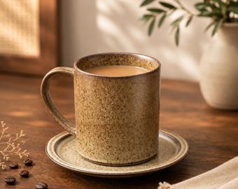 Japanese Coffee Cups Set, Handmade Ceramic Mug & Saucer, Wabi Sabi Pottery, Rustic Stoneware Coffee Cup, Artisan Kitchen Drinkware