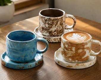 Ceramic Cups & Saucer Set, Handmade Coffee Mug, Rustic Pottery Cup, Latte Mug, Earthenware Tea Cup, Artisan Ceramic Cups, Coffee Lover Gift