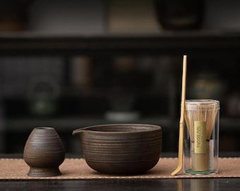 Ceramic Matcha Bowl Set, Japanese Tea Ceremony Set, Handmade Pottery Chawan, Matcha Whisk Holder, Rustic Matcha Gift for Tea Lovers