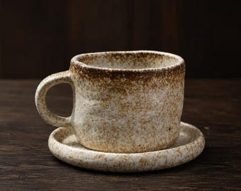Handcrafted Ceramic Coffee Cup & Saucer Set – Rustic Kiln-Glazed Mug, Vintage Pottery Espresso Cup, Wabi Sabi Tea Mug Gift