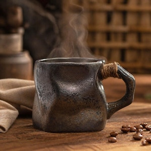 Può includere: Una tazza in ceramica marrone scuro con una superficie strutturata e un manico attorcigliato avvolto con spago. Il vapore sale dalla tazza, suggerendo una bevanda calda. Chicchi di caffè sparsi sulla superficie di legno.