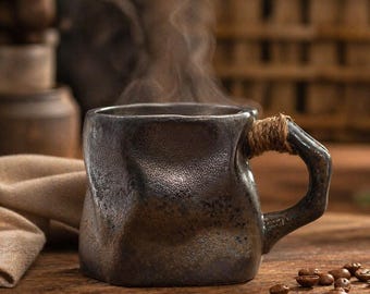Handmade Ceramic Coffee Mug 300ml, Wabi Sabi Pottery Mug with Rope Handle, Rustic Minimalist Coffee Cup, Artisan Mug, Coffee Lover Gift