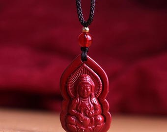 Buddha Necklace Cinnabar Pendant, Guanyin Bodhisattva Necklace, Red Lucky Amulet Charm, Spiritual Jewelry Gift, Meditation Pendant Men Women